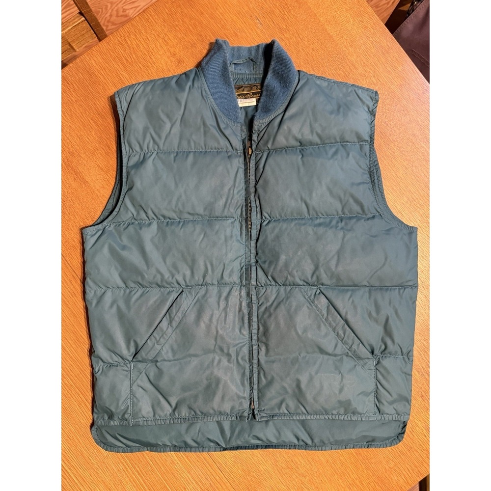 Vintage 70's Eddie Bauer‎ Goose Down Vest USA Made Teal Puffer Rib Collar Mens M